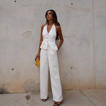 Women's Pleated Decorative High Waist Wide Leg Pants Hanging Collar Vest women's suit Luxurious Weddings