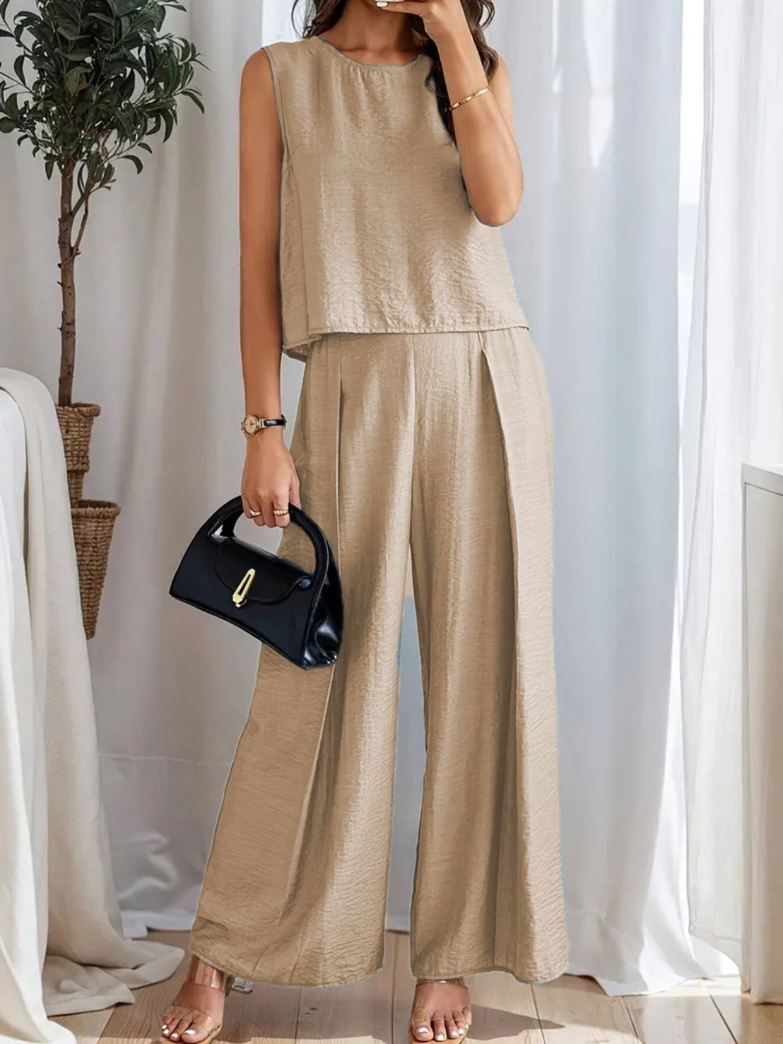 Round Neck Sleeveless Top and Wide Leg Pants Set Matching Sets Luxurious Weddings