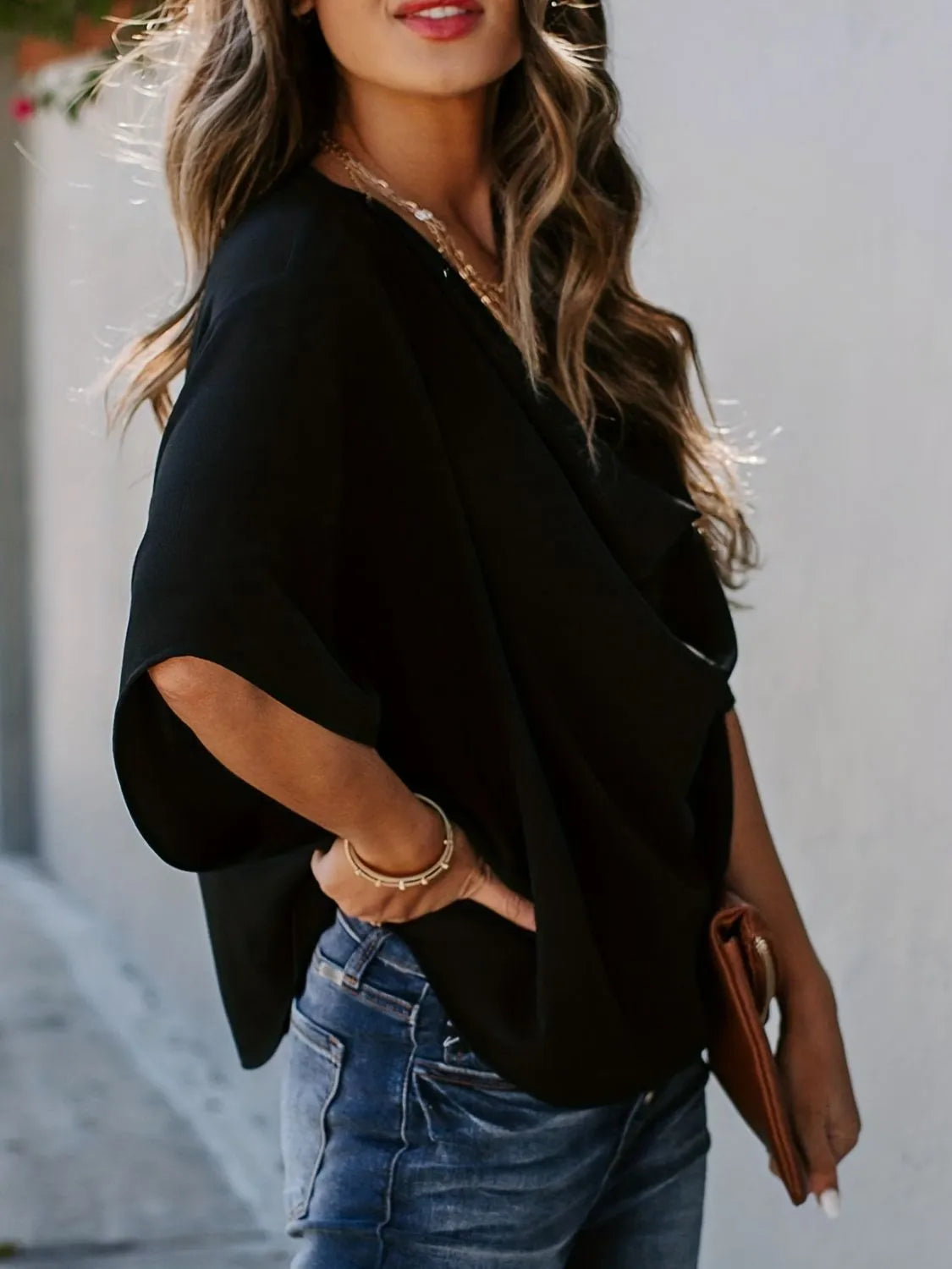 Full Size Ruched Three-Quarter Sleeve Blouse Plus Size Blouse Luxurious Weddings