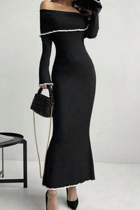 Contrast Trim Off-Shoulder Long Sleeve Maxi Sweater Dress Sweater Dress Luxurious Weddings