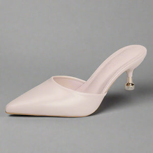 Pointed toe kitten heel mules in soft beige PU leather, perfect for luxurious weddings and stylish occasions.