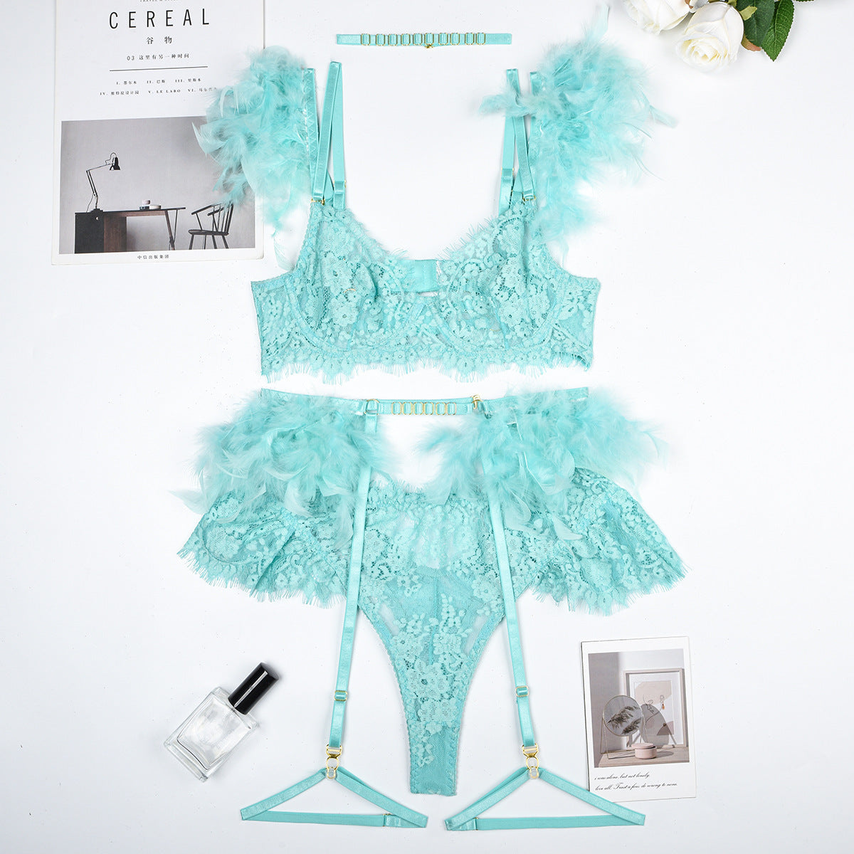 Feather Sexy Lingerie Lace Women Underwear Bra Panty Lingerie Set Luxurious Weddings