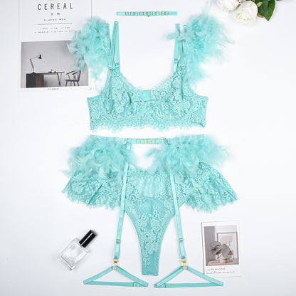 Feather Sexy Lingerie Lace Women Underwear Bra Panty Lingerie Set Luxurious Weddings