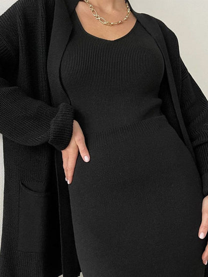 Pocketed Long Sleeve Cardigan and Skirt Sweater Set Matching Sets Luxurious Weddings
