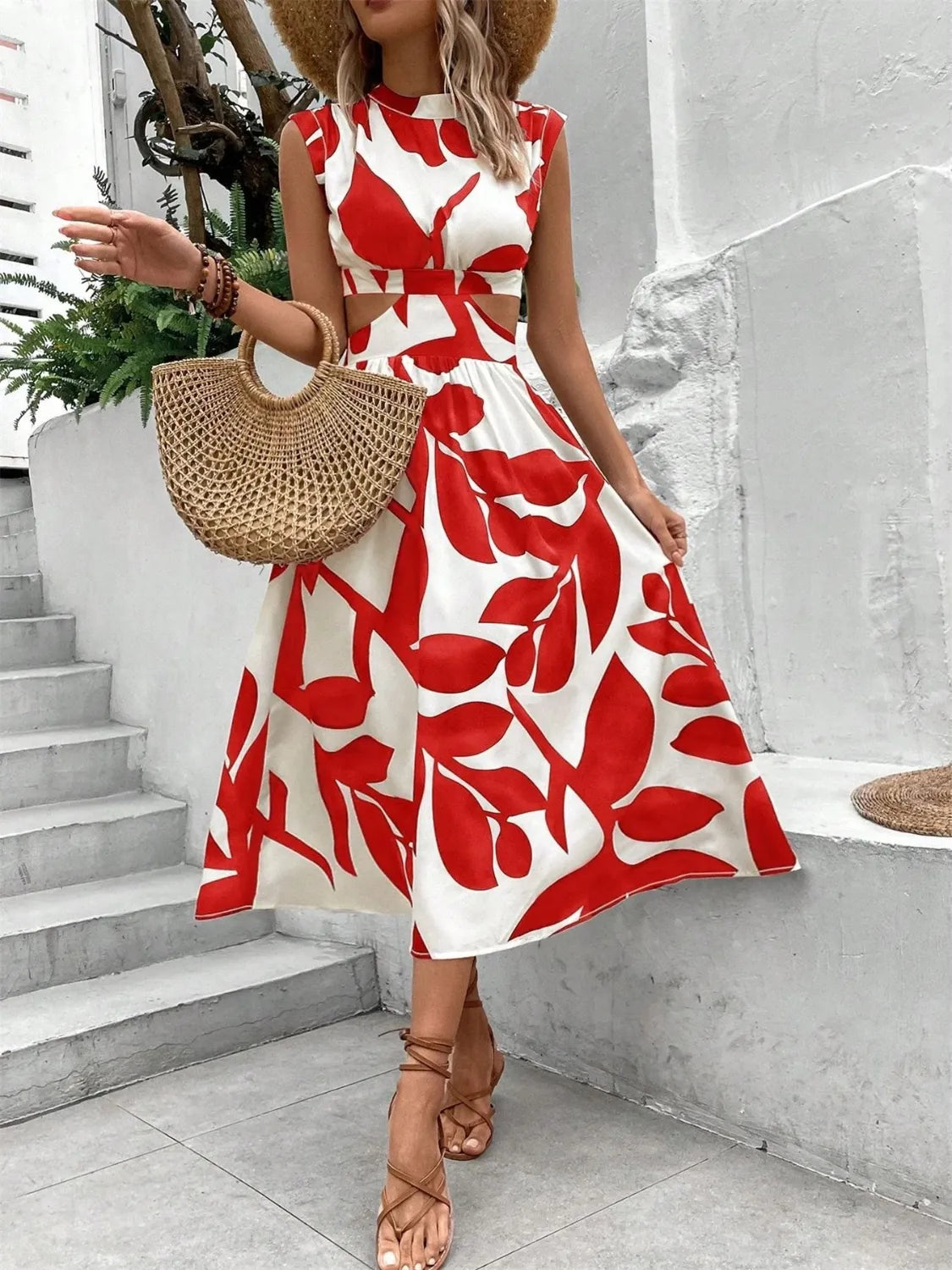 Cutout Printed Cap Sleeve Midi Dress Summer Dress Luxurious Weddings