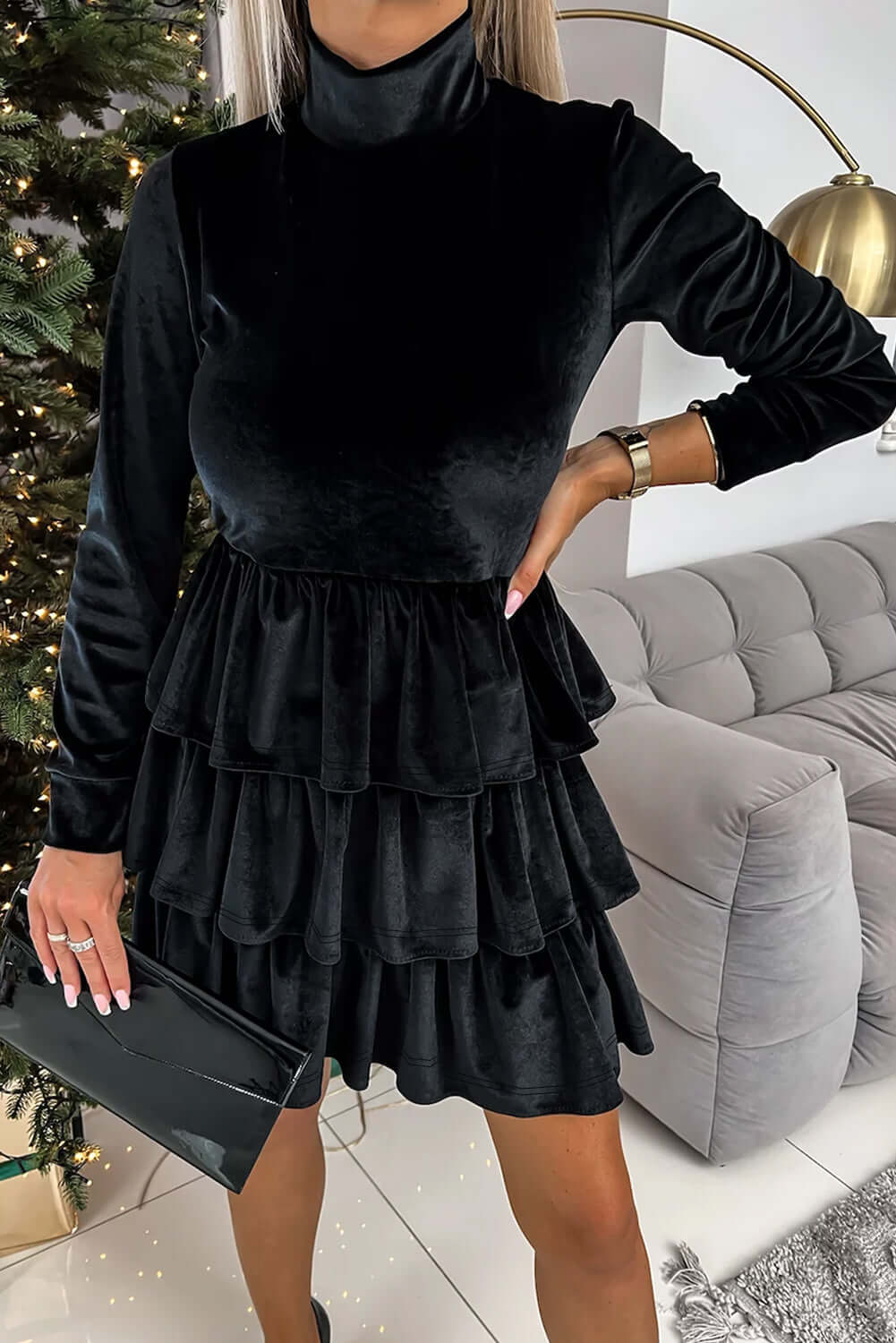 Black Velvet High Neck Tiered Ruffle Mini Dress Dresses/Mini Dresses Luxurious Weddings