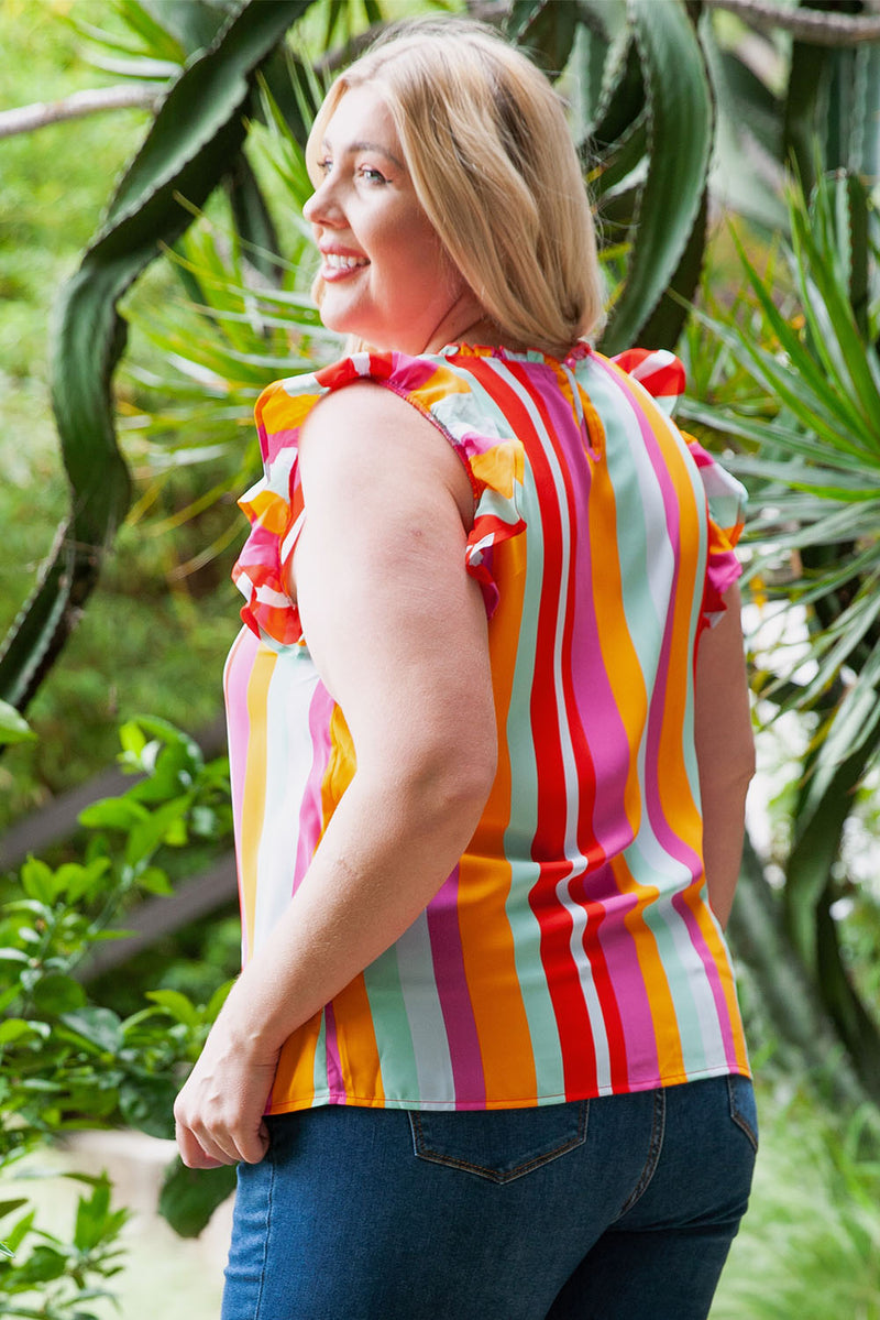 Plus Size Striped Round Neck Ruffled Tank Plus size Luxurious Weddings