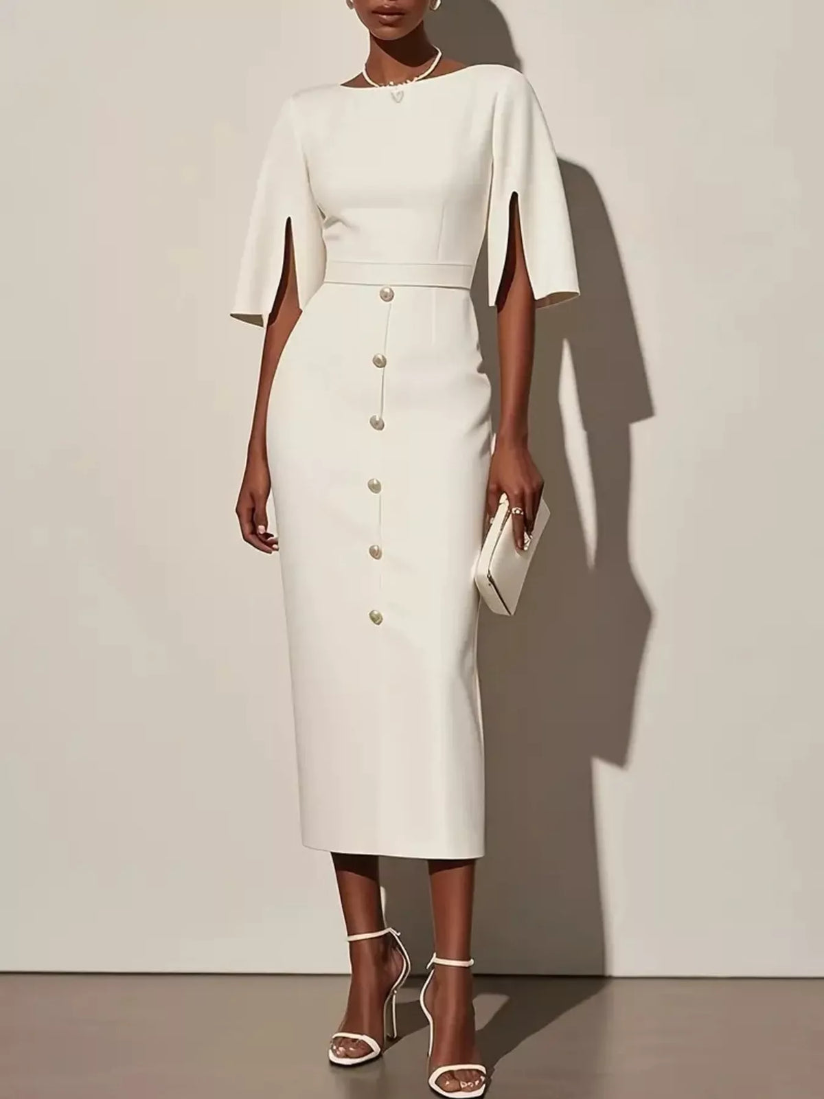 Slit Sleeve Midi Dress with Decorative Button featuring a sleek design and stylish button details.