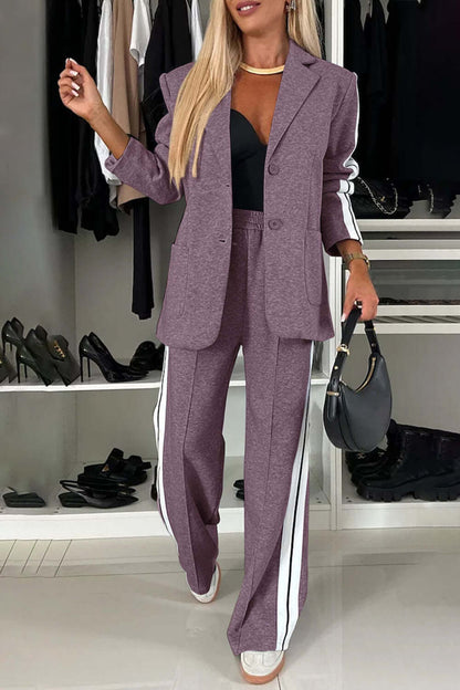Full Size Contrast Lapel Collar Top and Pants Set Matching Sets Luxurious Weddings