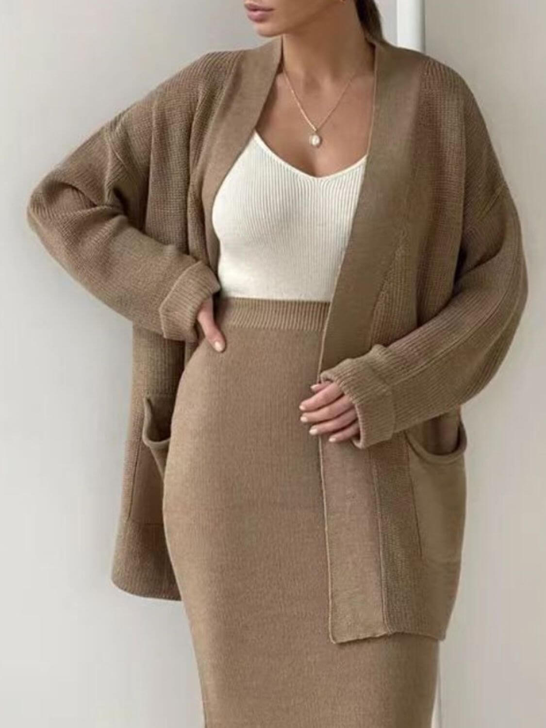 Pocketed Long Sleeve Cardigan and Skirt Sweater Set Matching Sets Luxurious Weddings