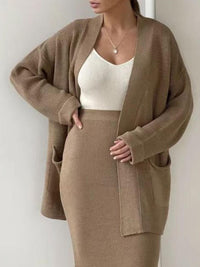 Pocketed Long Sleeve Cardigan and Skirt Sweater Set Matching Sets Luxurious Weddings