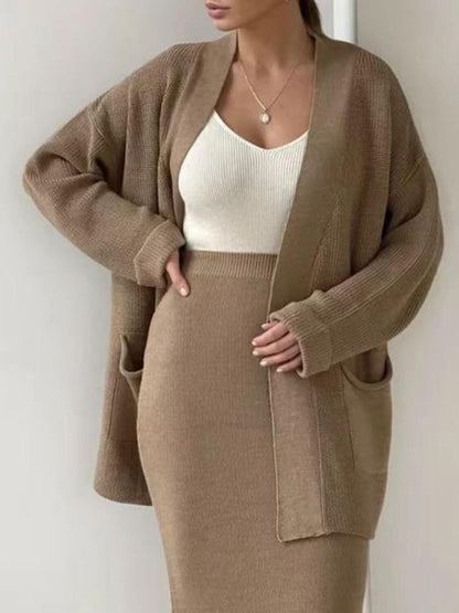 Pocketed Long Sleeve Cardigan and Skirt Sweater Set Matching Sets Luxurious Weddings