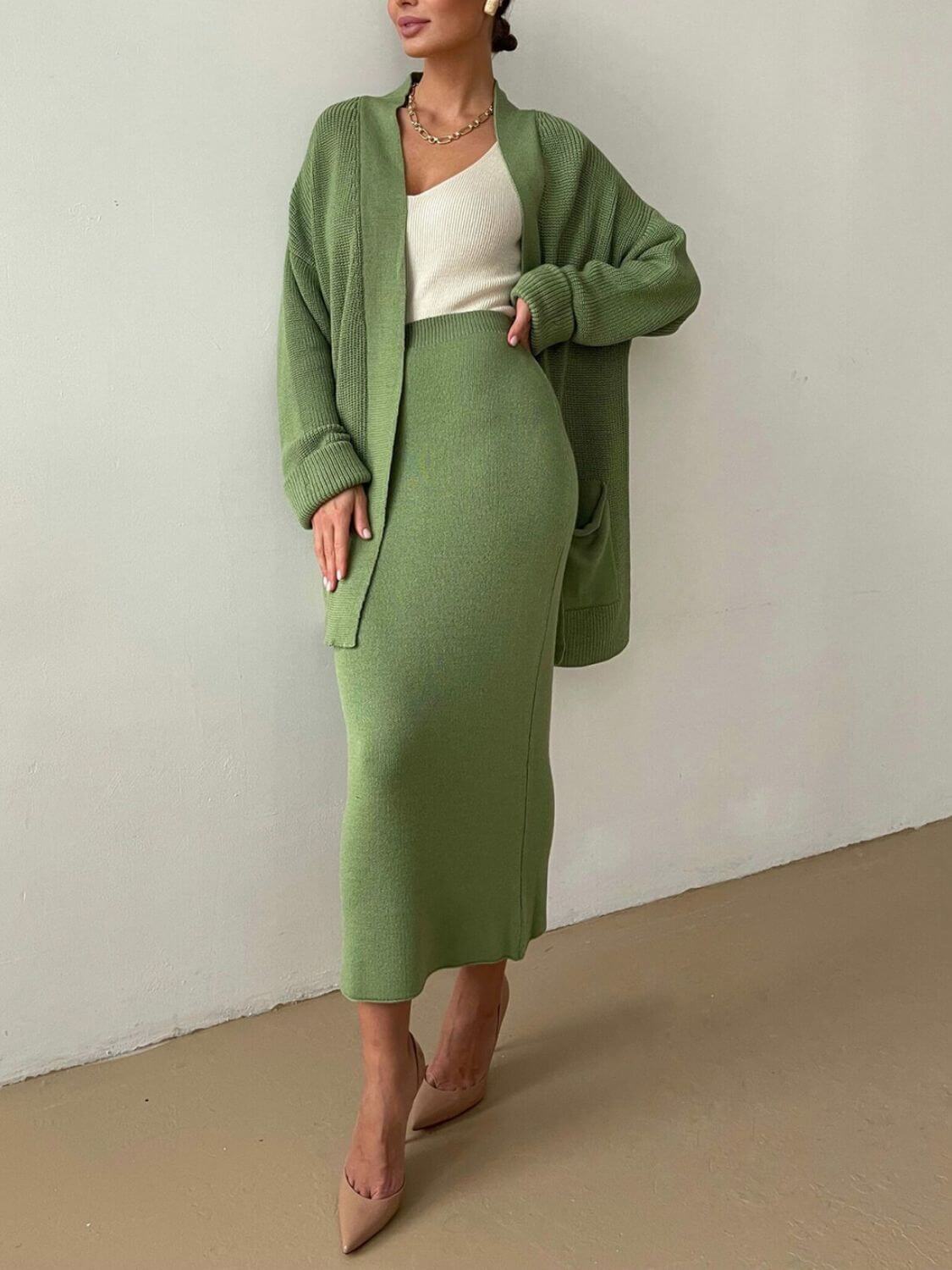 Pocketed Long Sleeve Cardigan and Skirt Sweater Set Matching Sets Luxurious Weddings