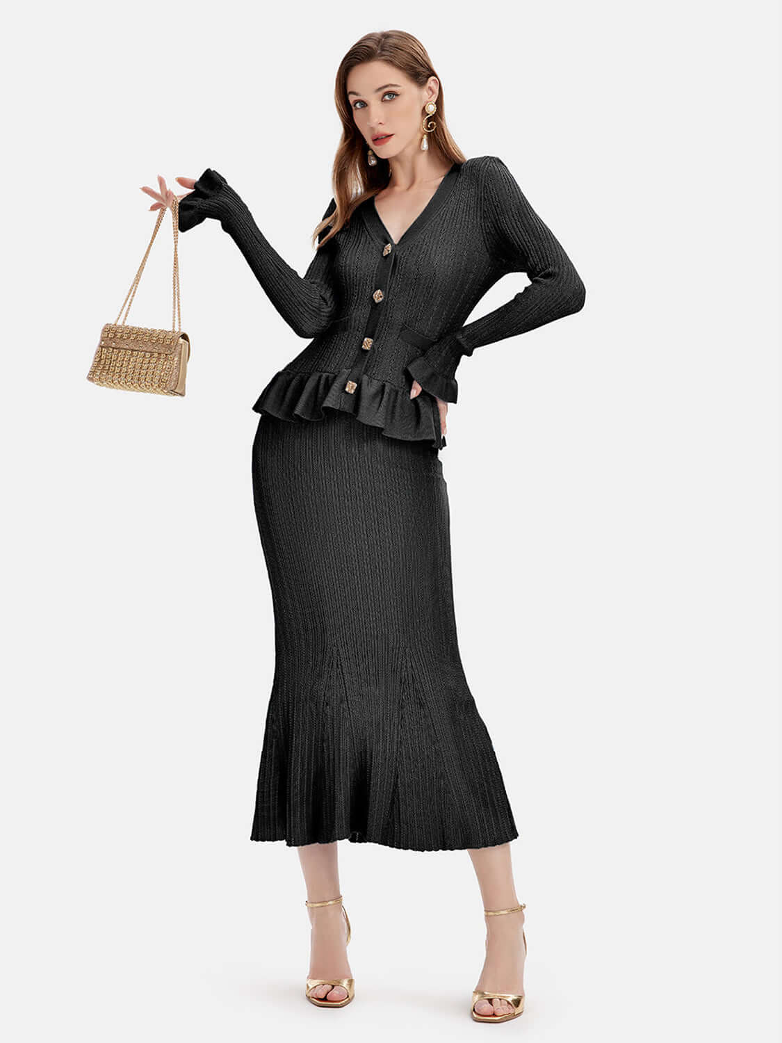 Ruffled V-Neck Top and Midi Skirt Sweater Set Matching Sets Luxurious Weddings