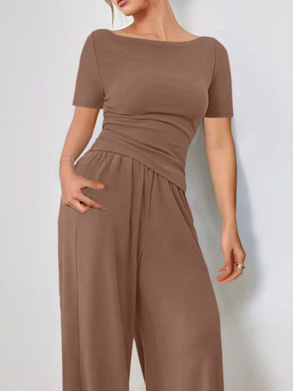 Round Neck Short Sleeve T-Shirt and Pants Set Matching Sets Luxurious Weddings