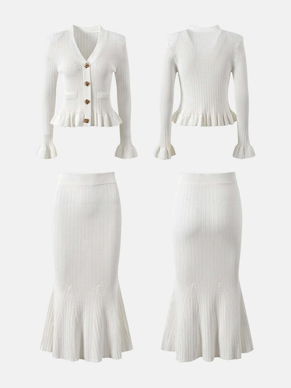 Ruffled V-Neck Top and Midi Skirt Sweater Set Matching Sets Luxurious Weddings
