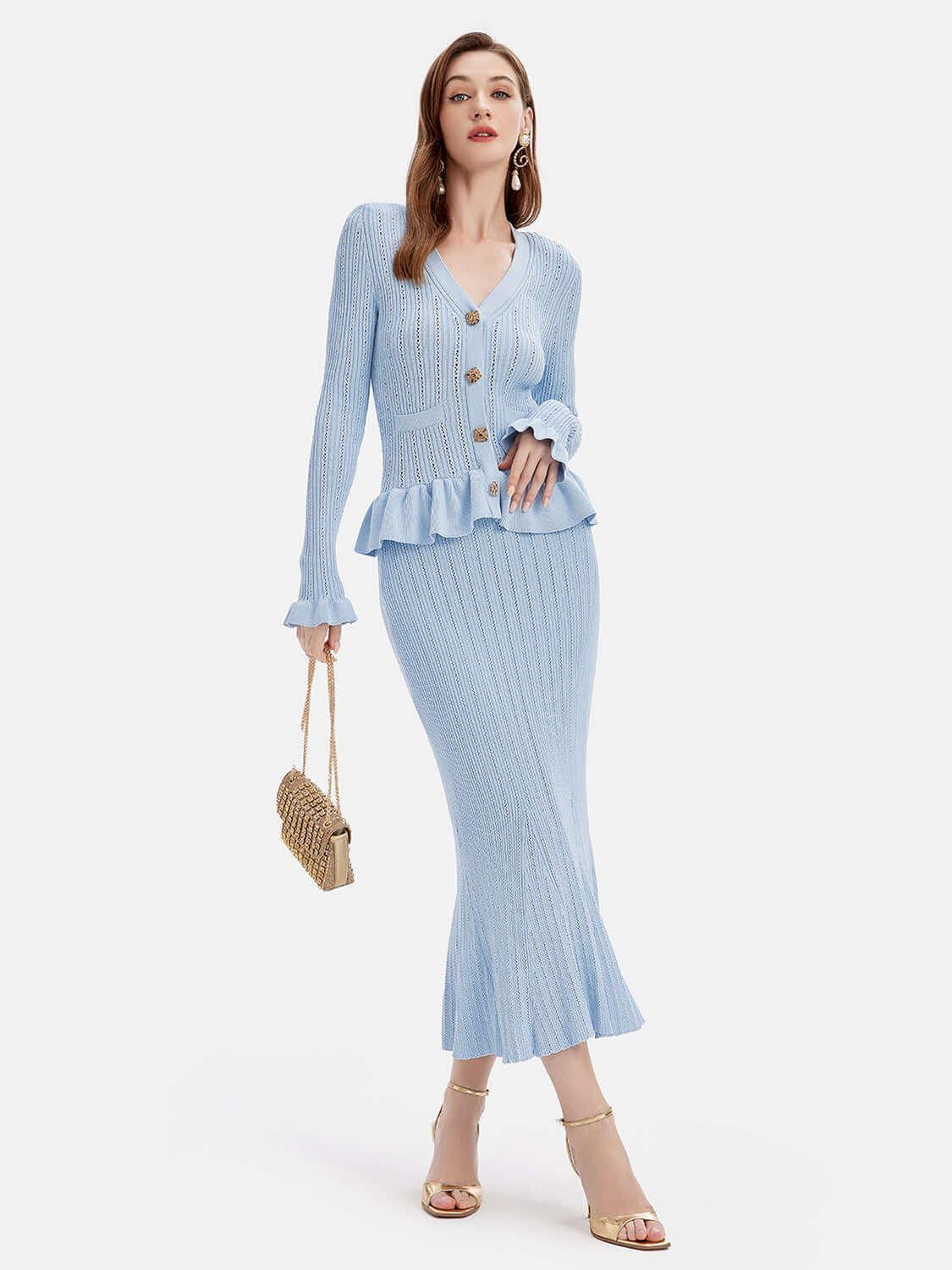 Ruffled V-Neck Top and Midi Skirt Sweater Set Matching Sets Luxurious Weddings