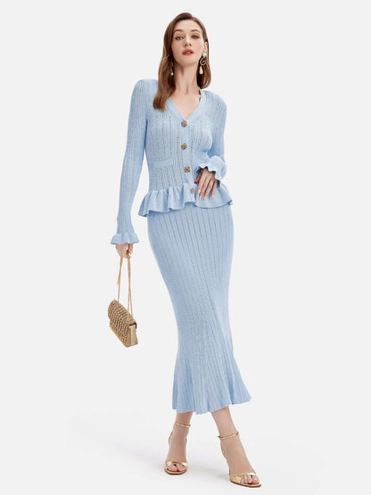 Ruffled V-Neck Top and Midi Skirt Sweater Set Matching Sets Luxurious Weddings