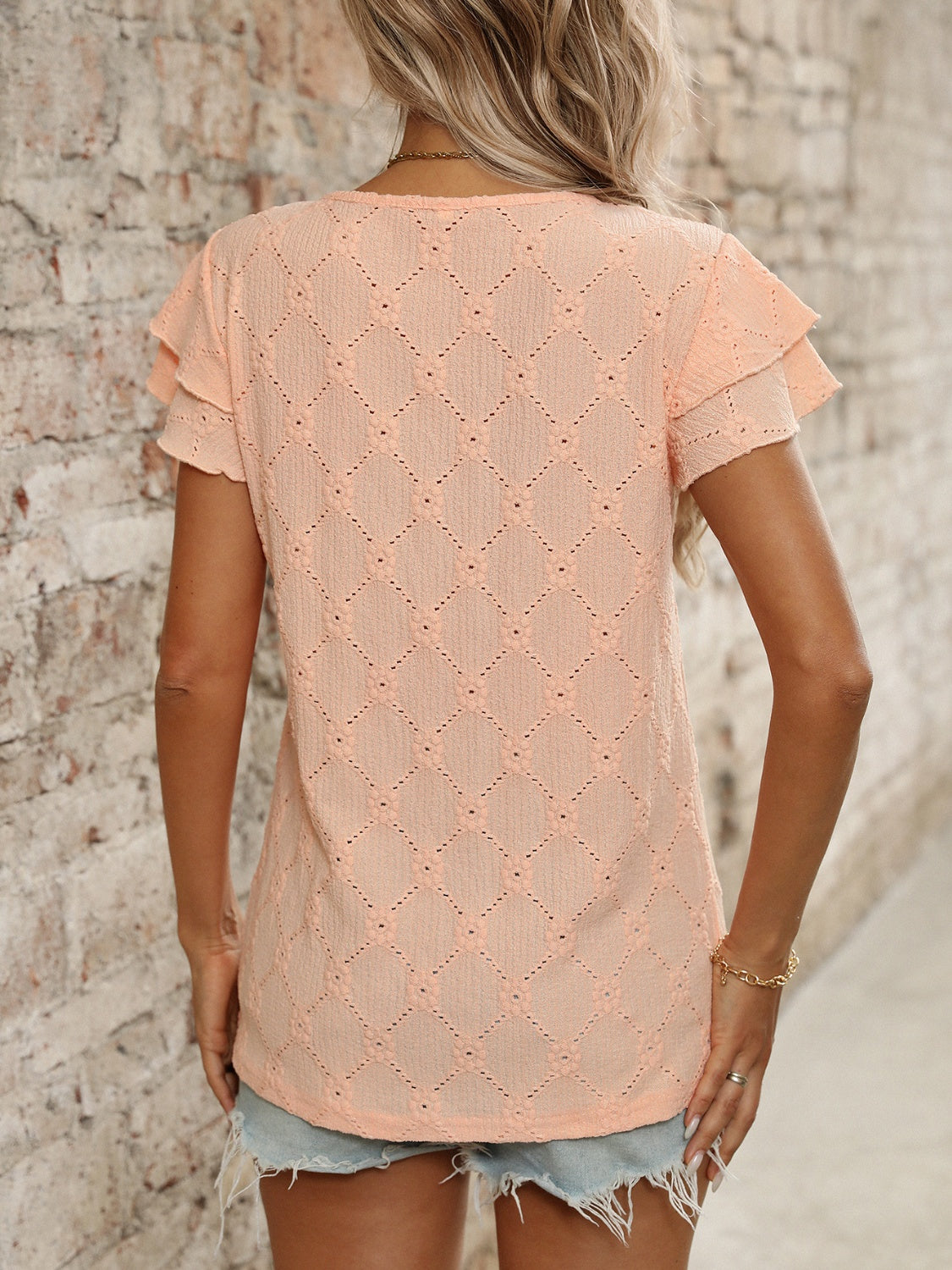 Eyelet Round Neck Double Layered Ruffled Short Sleeve Top Luxurious Weddings