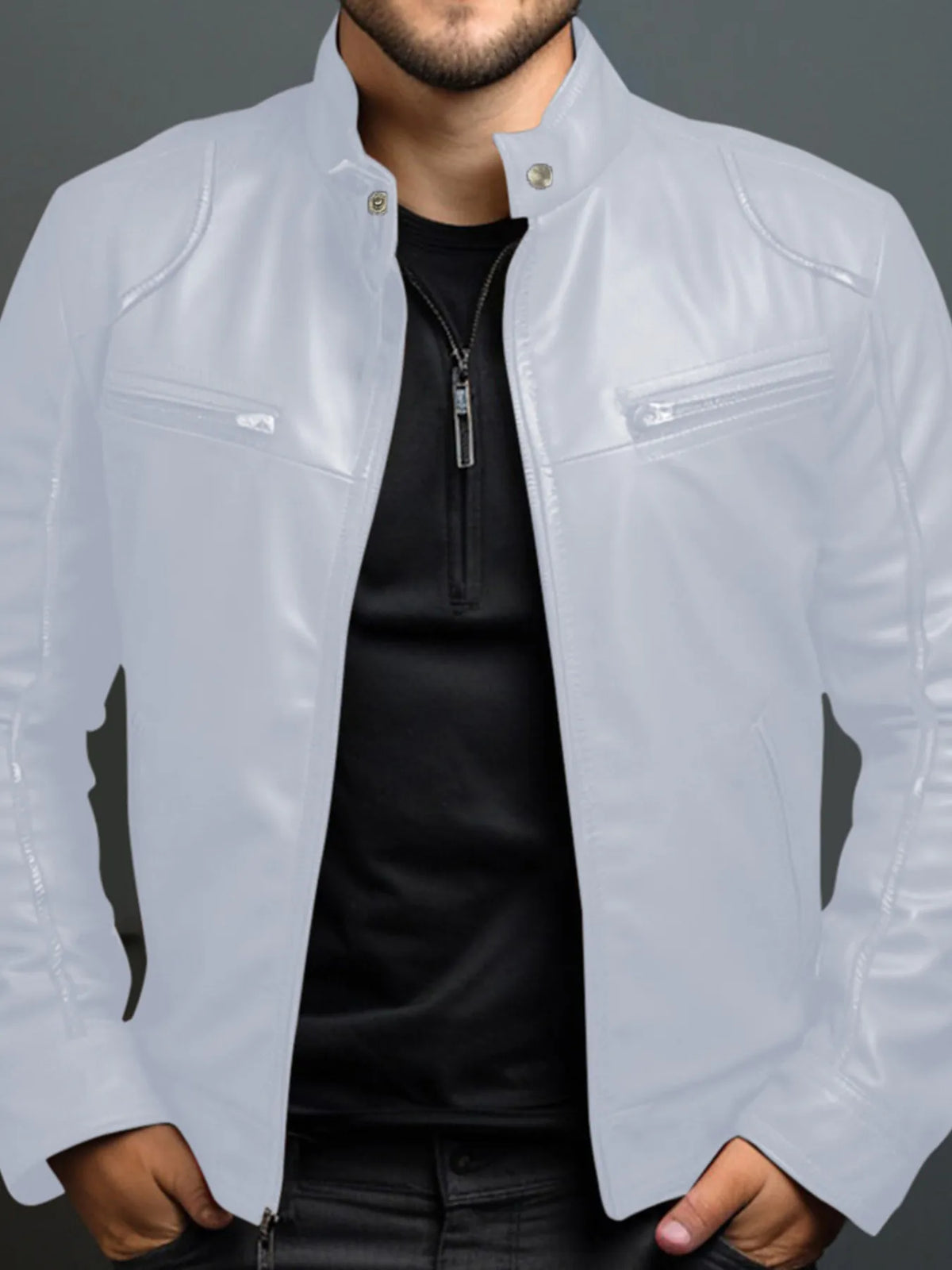 Men's Full Size Leather Motorcycle Jacket with Zipper Front Plus Size displayed on model.