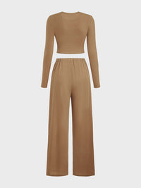 Round Neck Long Sleeve Top and Tied Pants Set Matching Sets Luxurious Weddings
