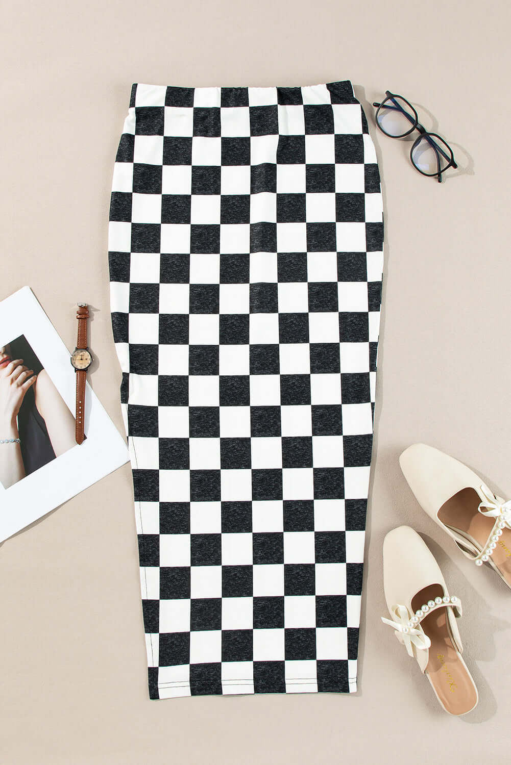 White Checkered Print Side Slit High Waist Midi Skirt Bottoms/Skirts & Petticoat Luxurious Weddings
