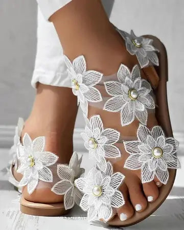 Toe Ring Flower Design Flat Sandals Shoes Luxurious Weddings