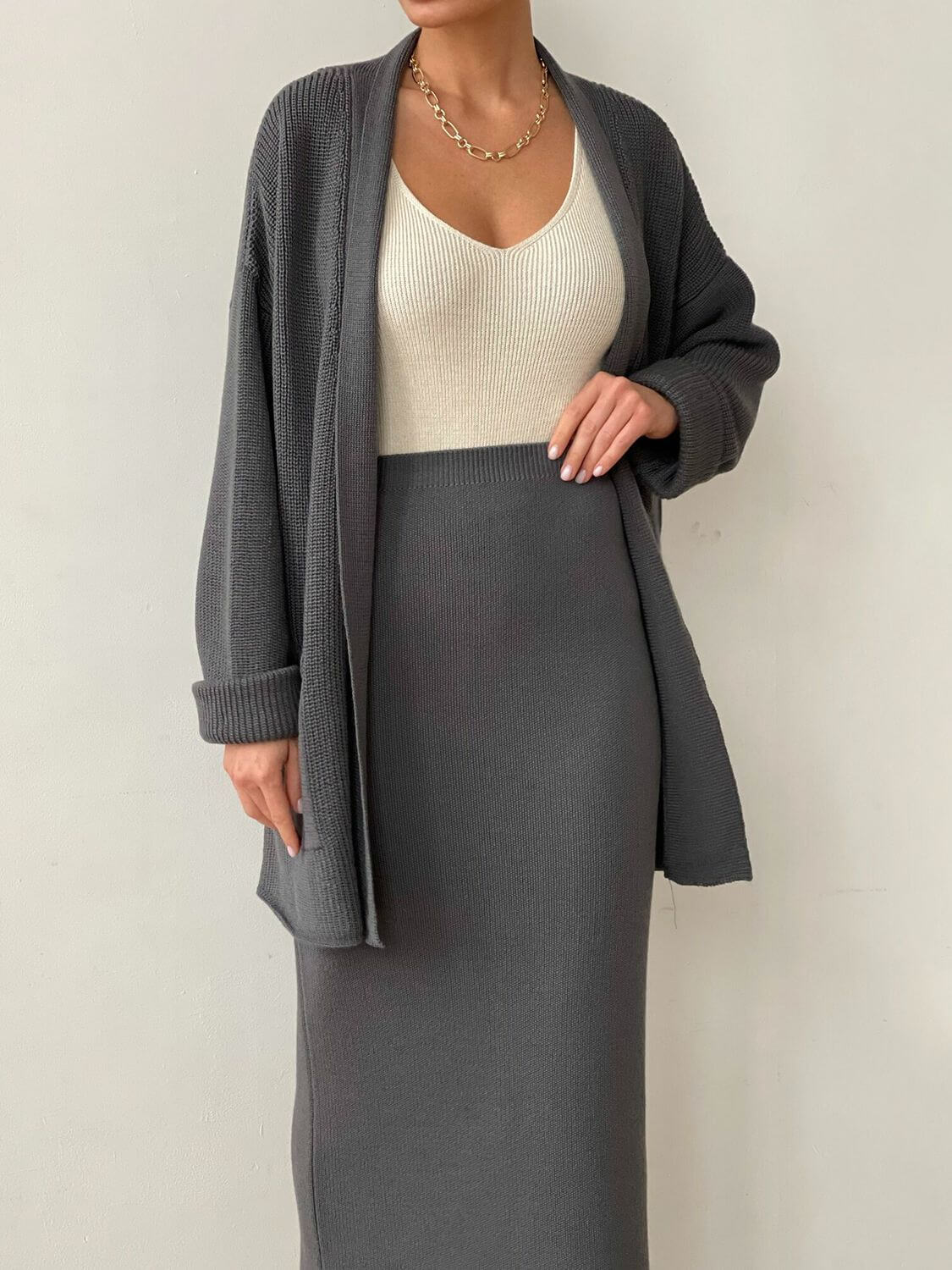Pocketed Long Sleeve Cardigan and Skirt Sweater Set Matching Sets Luxurious Weddings