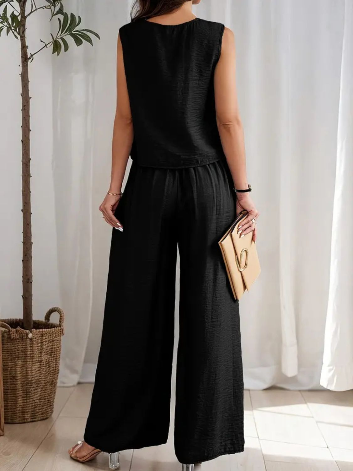 Round Neck Sleeveless Top and Wide Leg Pants Set Matching Sets Luxurious Weddings