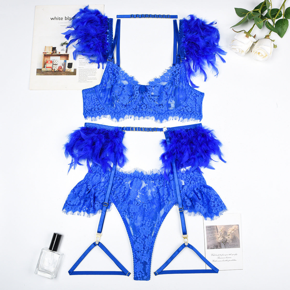 Feather Sexy Lingerie Lace Women Underwear Bra Panty Lingerie Set Luxurious Weddings
