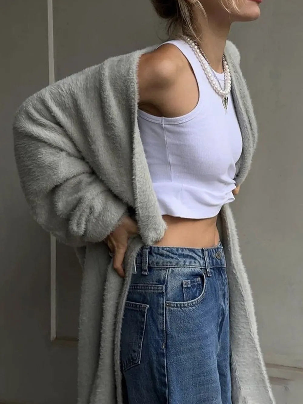 Fuzzy Open Front Solid Color Cardigan Cardigans Luxurious Weddings