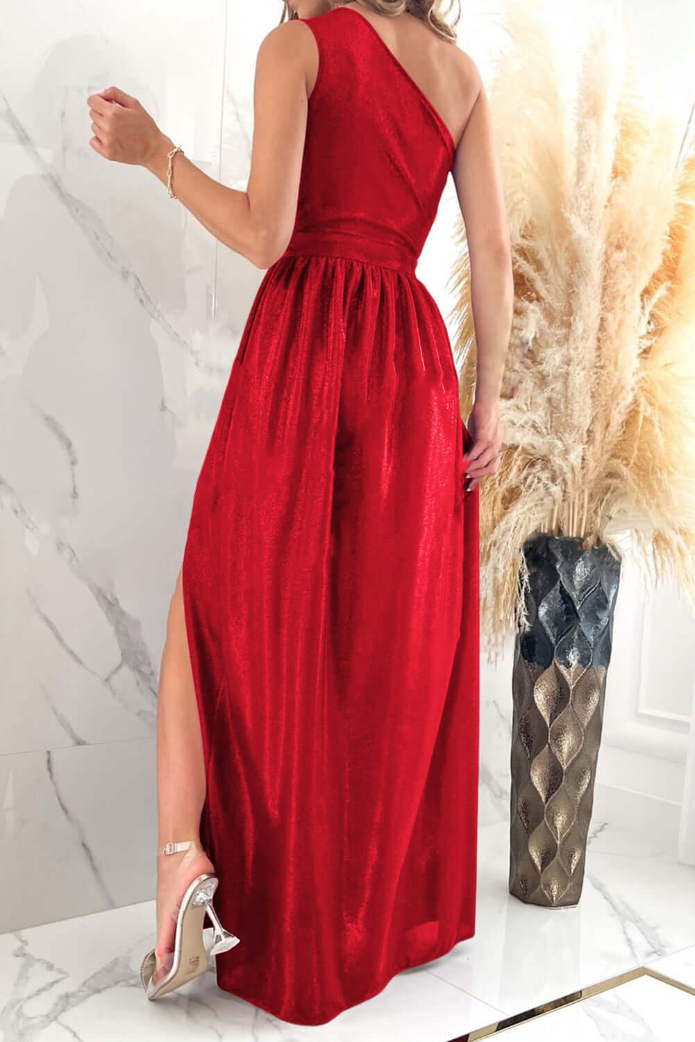 One Shoulder Slit Ruched Maxi Dress bridesmaids dress Luxurious Weddings