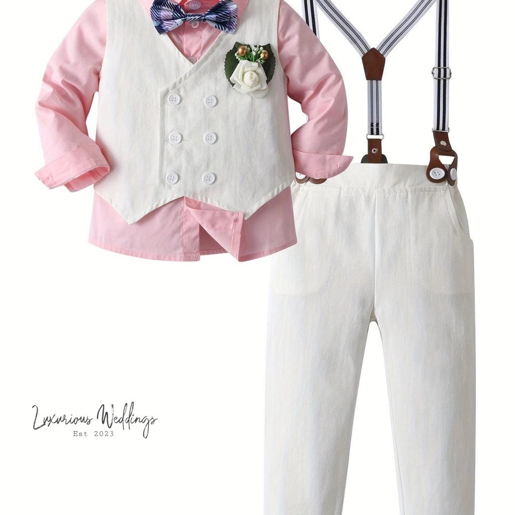 Boys Formal Outfit Set - Long Sleeve, Leaves Print, Bowtie,Vest Luxurious Weddings