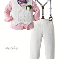 Boys Formal Outfit Set - Long Sleeve, Leaves Print, Bowtie,Vest Luxurious Weddings