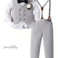 Boys Formal Outfit Set - Long Sleeve, Leaves Print, Bowtie,Vest Luxurious Weddings