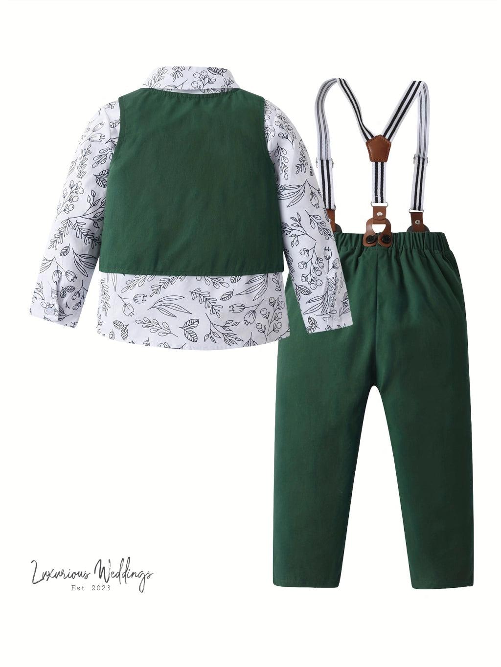 Boys Formal Outfit Set - Long Sleeve, Leaves Print, Bowtie,Vest Luxurious Weddings