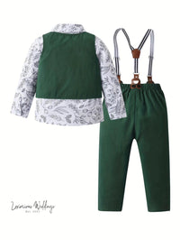 Boys Formal Outfit Set - Long Sleeve, Leaves Print, Bowtie,Vest Luxurious Weddings