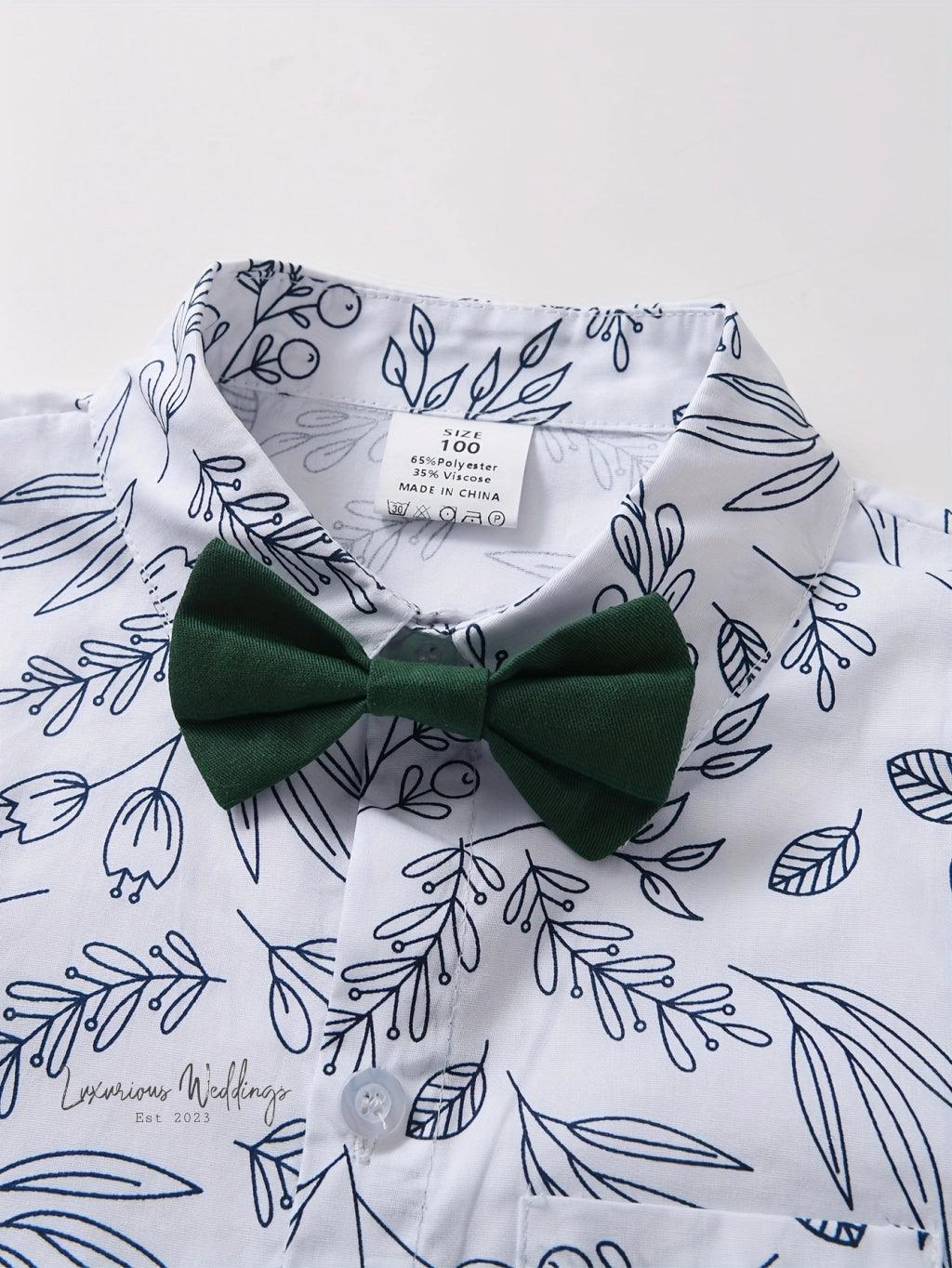 Boys Formal Outfit Set - Long Sleeve, Leaves Print, Bowtie,Vest Luxurious Weddings
