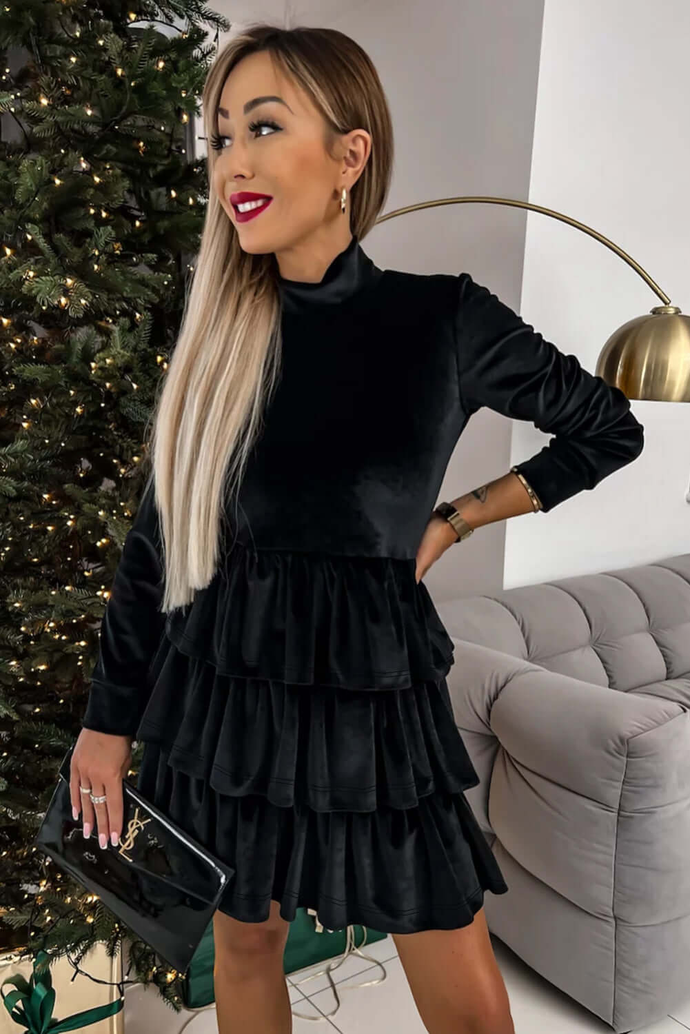 Black Velvet High Neck Tiered Ruffle Mini Dress Dresses/Mini Dresses Luxurious Weddings