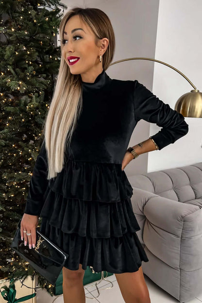 Black Velvet High Neck Tiered Ruffle Mini Dress Dresses/Mini Dresses Luxurious Weddings