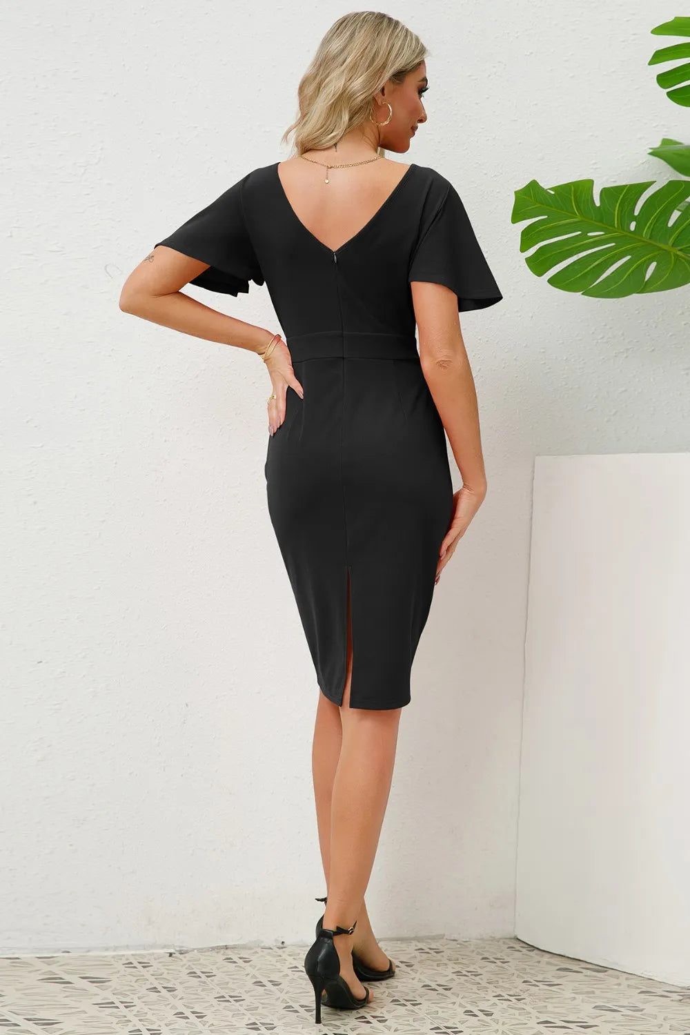Slit Round Neck Flutter Sleeve Dress Sleeve dress Luxurious Weddings