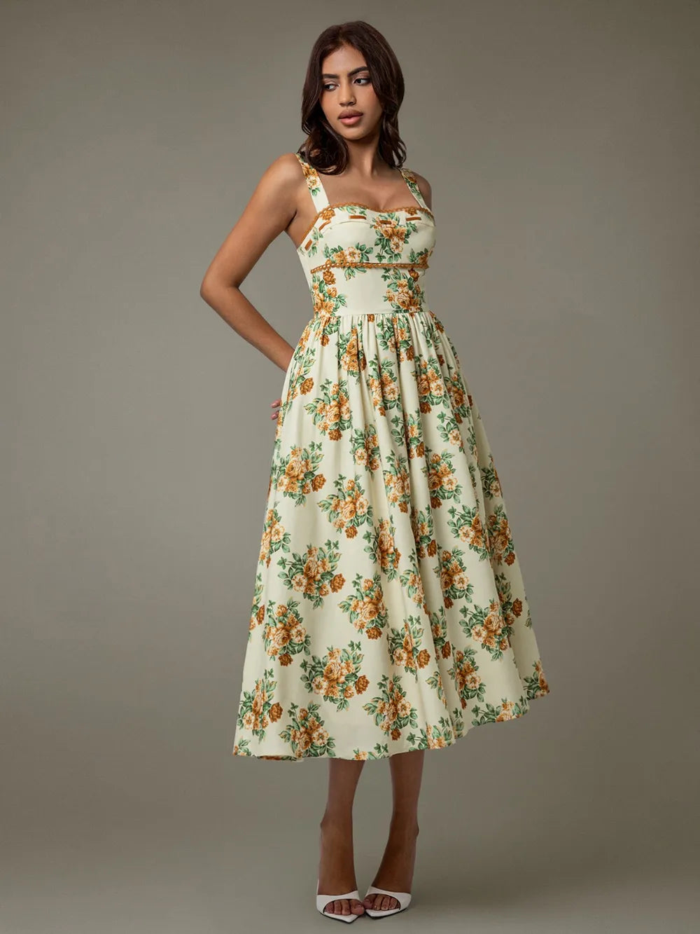 Lace Trim Floral Sleeveless Midi Dress Summer Dress Luxurious Weddings