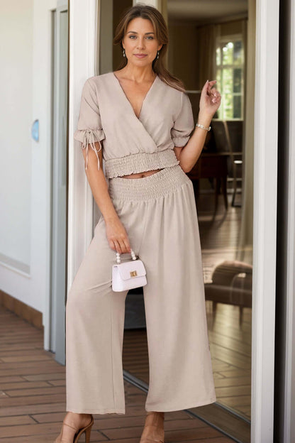 Surplice Short Sleeve Top and Pants Set Matching Sets Luxurious Weddings