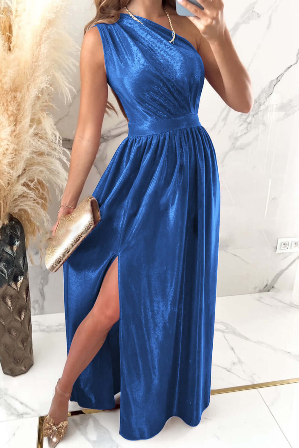 One Shoulder Slit Ruched Maxi Dress bridesmaids dress Luxurious Weddings