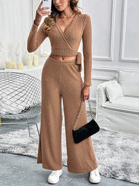 Perfee Surplice Long Sleeve Top and Pants Set Matching Sets Luxurious Weddings