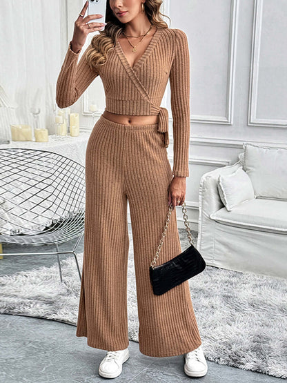 Perfee Surplice Long Sleeve Top and Pants Set Matching Sets Luxurious Weddings