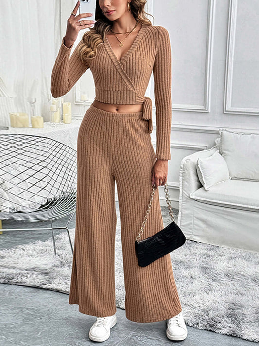 Perfee Surplice Long Sleeve Top and Pants Set Matching Sets Luxurious Weddings
