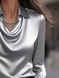 Ruched Long Sleeve Drape Collar Blouse featuring a glossy fabric and elegant neckline detail.