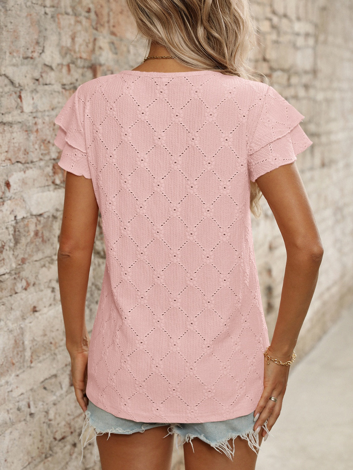 Eyelet Round Neck Double Layered Ruffled Short Sleeve Top Luxurious Weddings