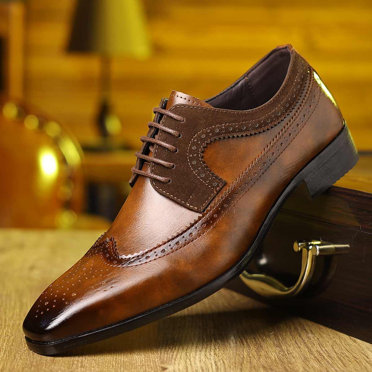 Men's vintage leather shoes in rich brown, perfect for luxurious weddings and elegant formal occasions.